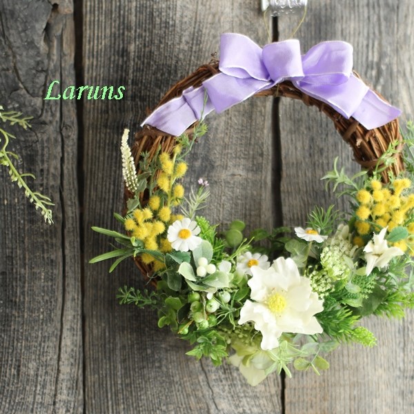 ナチュラルリース　母の日　お花　ミモザ ハンドメイド　うさぎ　春　夏　玄関　兎