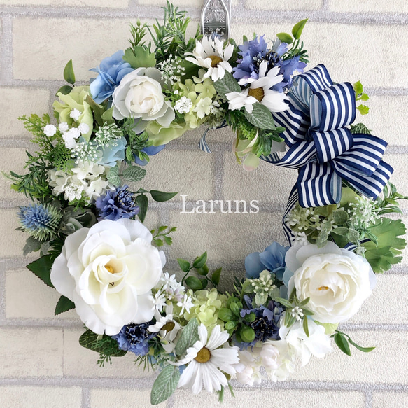 夏のリース 青と白とグリーンのサマーリース 盛夏バージョン 南欧避暑