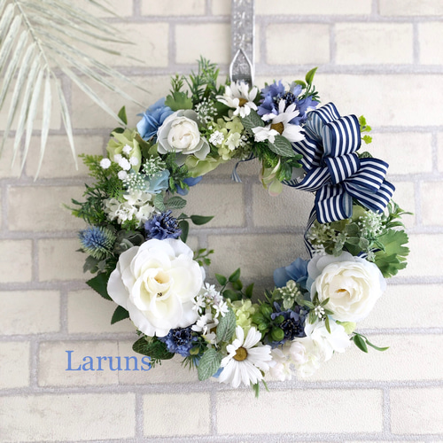 夏のリース 青と白とグリーンのサマーリース 盛夏バージョン 南欧避暑