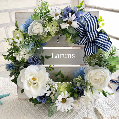 夏のリース 青と白とグリーンのサマーリース 盛夏バージョン 南欧避暑