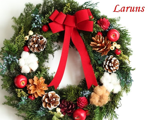 赤ベルベッドおリボンのクリスマスリース35㎝ ボタニカルLサイズ