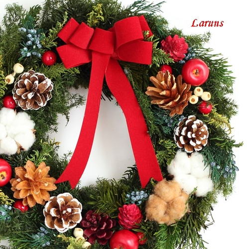 赤ベルベッドおリボンのクリスマスリース35㎝ ボタニカルLサイズ