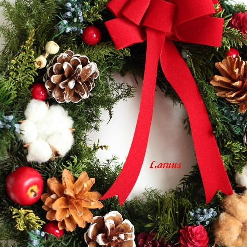 赤ベルベッドおリボンのクリスマスリース35㎝ ボタニカルLサイズ