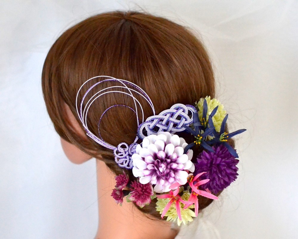 ＊紫結び髪飾丼＊髪結飾どんぶり＊リンクコーデ＊成人式＊結婚式＊七五三＊水引