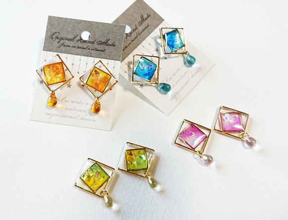 レジン スクエア ピアス ハンドメイド イヤリング変更可 レジン