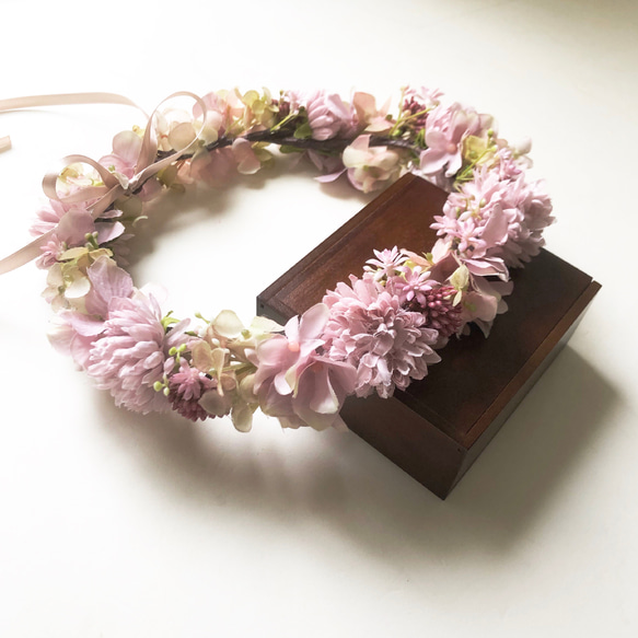 モーヴピンク＊マムと紫陽花の花冠 2枚目の画像
