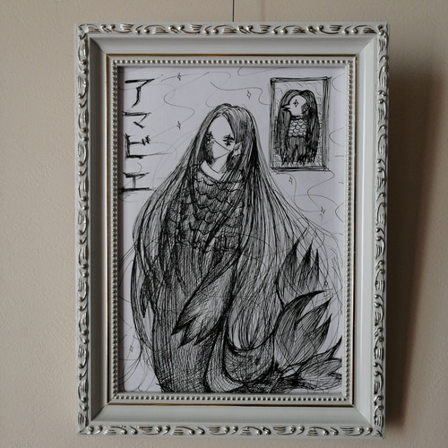 展示 アマビエ様 (原画)ミニ額付き 1点もの！原画イラスト【アマビエ様】額縁付き 絵画 TOKYOALICE 通販