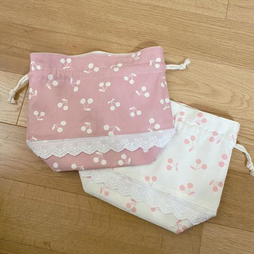 Tan♡様　確認用　ドット×チェリーピンク　弁当袋　フリル　裏地あり　給食セット Tan♡様 確認用 ドット×チェリーピンク 弁当袋 フリル 裏地あり
