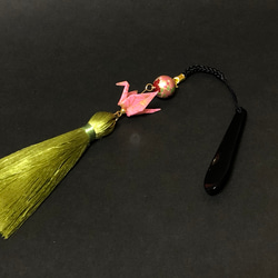 春色 ピンク麻の葉 折り鶴 × 絹糸タッセル の 根付ストラップ 5枚目の画像