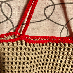 夏 ☆ コットン糸のネットバッグ ☆ベージュ✖️レッド 2枚目の画像