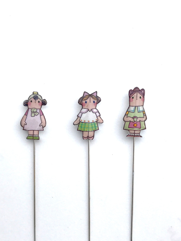まち針、なかよし3人 グリーン 1枚目の画像