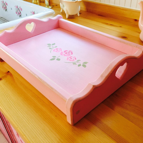 木製 薔薇とハートのトレイ☆可愛いおぼん ステンシルトレー お盆