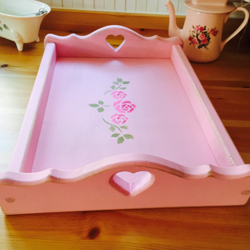 木製 薔薇とハートのトレイ☆可愛いおぼん ステンシルトレー お盆