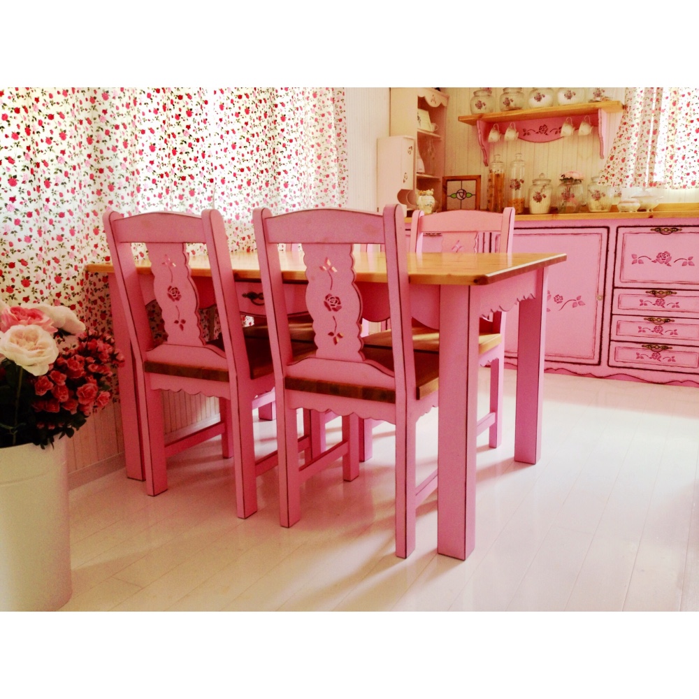 ダイニングテーブル pink pink 木製 薔薇のダイニングテーブル5点セット 特注アンティーク