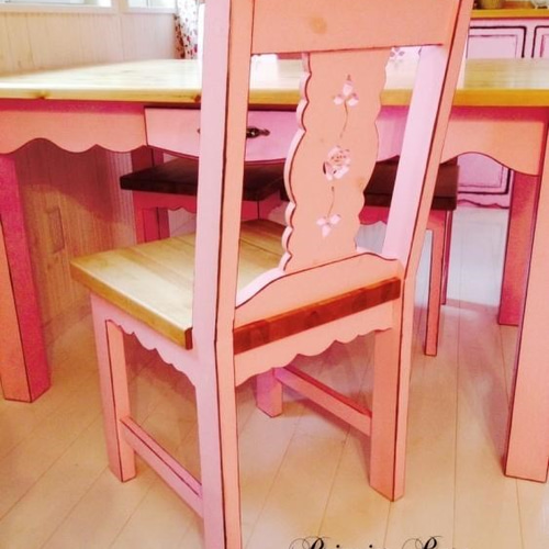 木製 薔薇のダイニングテーブル5点セット 特注アンティークピンク
