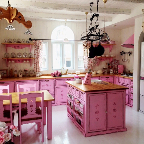 木製 薔薇のダイニングテーブル5点セット 特注アンティークピンク