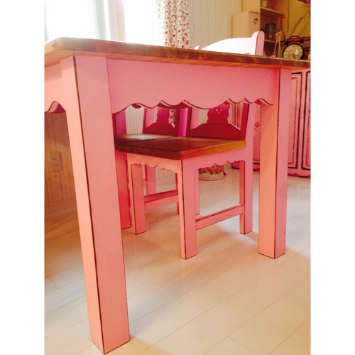 木製 薔薇のダイニングテーブル5点セット 特注アンティークピンク