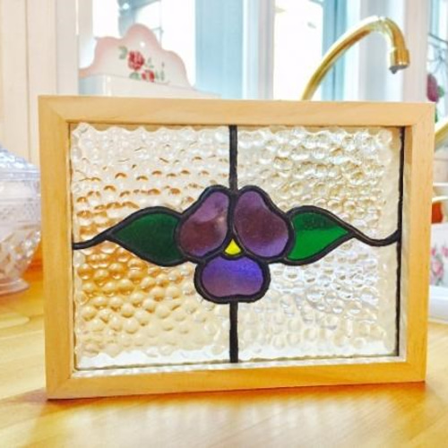 受注制作】ステンドグラスミニパネルすみれ/パンジーアンティーク調