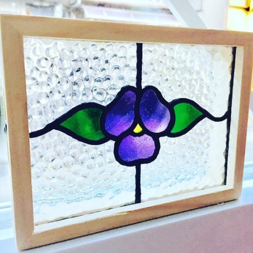 受注制作】ステンドグラスミニパネルすみれ/パンジーアンティーク調
