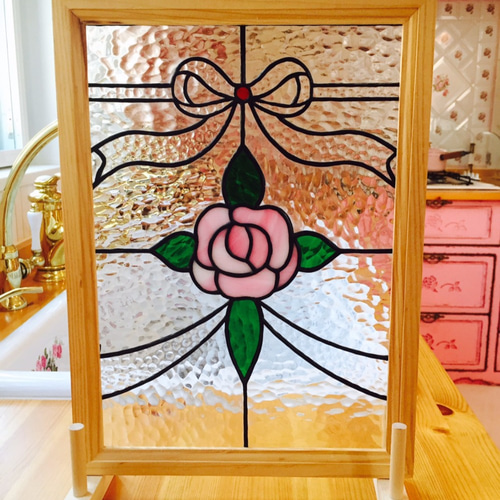 ステンドグラス アンティーク調パネル　ローズガラス使用 ステンドグラス パネル アンティークガラス使用