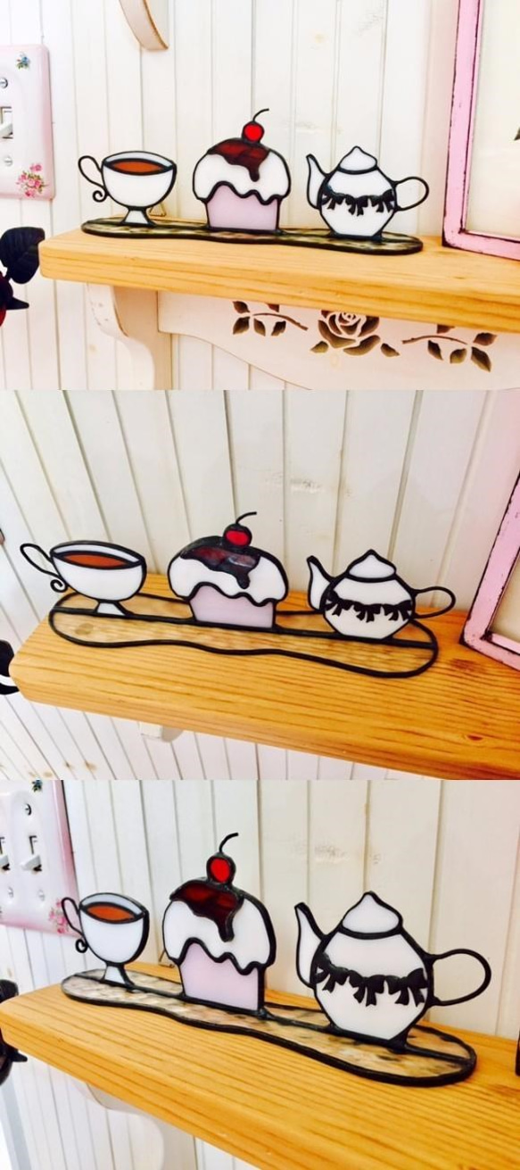 彩色玻璃茶會集茶壺茶杯蛋糕主題童話顯示 第2張的照片