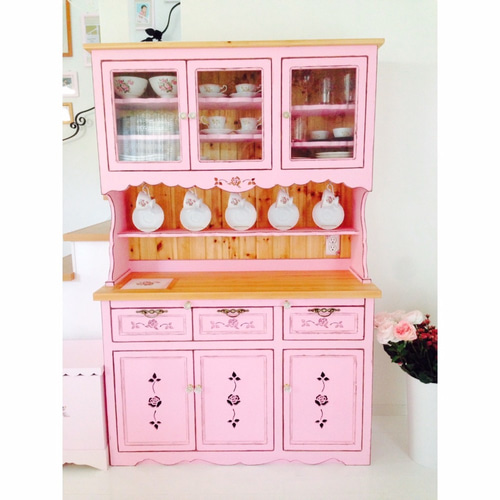 特注アンティークピンク 木製 薔薇のカップボード 国産 高品質