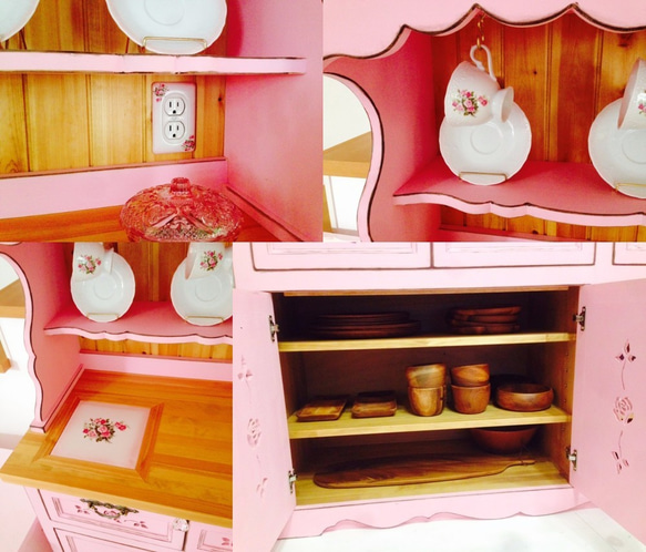 特注アンティークピンク 木製 薔薇のカップボード 国産 高品質 食器棚 水屋 アンティーク調 ローズ カントリー家具 3枚目の画像