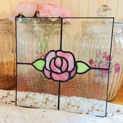 彩色玻璃玫瑰古董玫瑰面板30厘米方形木框架與特殊立場定制的古董粉紅色裝飾 第7張的照片