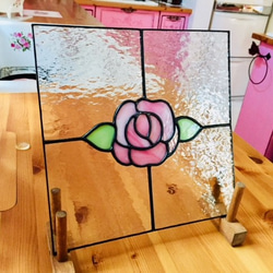彩色玻璃玫瑰古董玫瑰面板30厘米方形木框架與特殊立場定制的古董粉紅色裝飾 第8張的照片