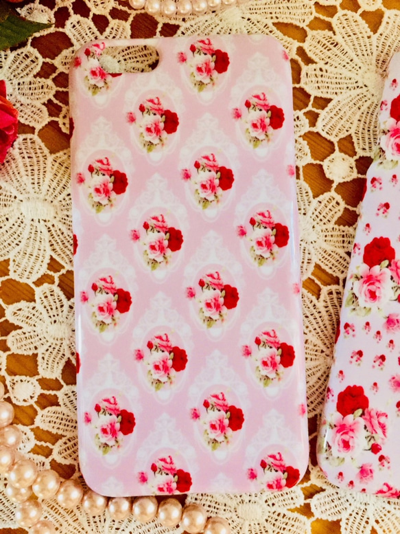 iPhone専用 アイフォンカバー 薔薇柄 スマホ ハードカバー  エレガントローズ アンティーク調 ピンク 7枚目の画像