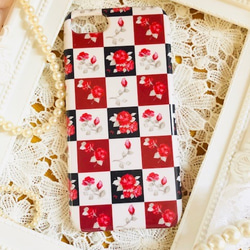 iPhone iPhone保護套日式薔薇格子圖案智能手機保護套精裝玫瑰玫瑰卡哇伊日本 第1張的照片
