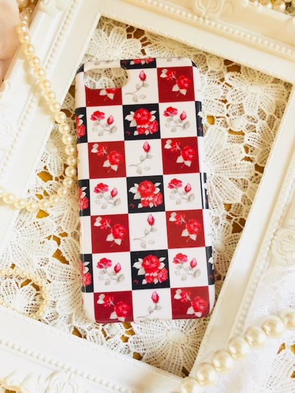 iPhone iPhone保護套日式薔薇格子圖案智能手機保護套精裝玫瑰玫瑰卡哇伊日本 第1張的照片