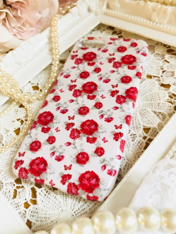 iPhoneアイフォンカバー 薔薇と蝶 スマホケース ハードカバーアンティーク調ローズ バラ kawaii japan 3枚目の画像