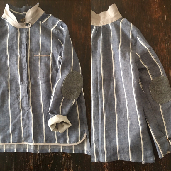 肘当てシャツ 麻ストライプ 1枚目の画像