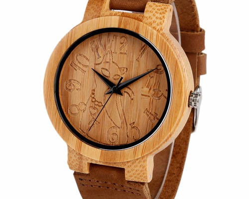 ハンドメイド 木製 腕時計 温もりある天然木製 腕時計 ウッド レザー 猫 ハンドメイド<0901