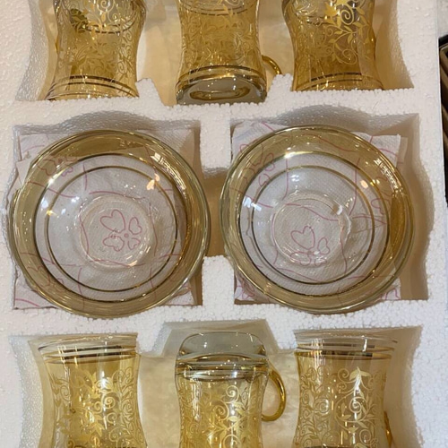 トルコ製チャイグラス&ソーサー 6客セット(ピンク・ブルー・クリア