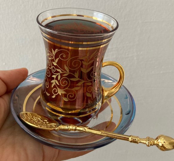 トルコ製  チャイグラス&ソーサー 1客　ティースプーン付き 5枚目の画像