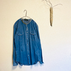 デニムシャツ リメイク remake リメイク メニースナップ ノーカラーデニムシャツ