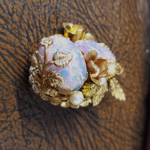 ヴィンテージ☆SPM☆絶品オパールと手彫りの素敵なブローチ☆おまけリング☆戦前 小さな星たちシリーズ・Wオパール〗アンティーク ヴィンテージ