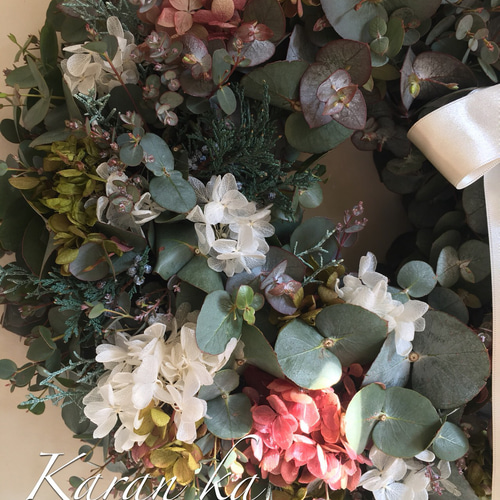 Creema限定フレッシュユーカリ・紫陽花リース white ver