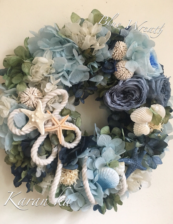 【再販×5】～ぷっくりローズシェルリース&リングピロー〜Blue Wreath〜 1枚目の画像