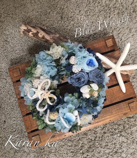 【再販×5】～ぷっくりローズシェルリース&リングピロー〜Blue Wreath〜 5枚目の画像