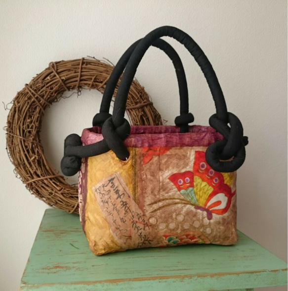 Ruru 花々猫 一閑張り バッグ かごバッグ ハンドバッグ 和柄 一閑張りバッグ 『華と猫』なか袋無し かごバッグ Momo太郎 通販