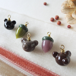 Bear Face&Acorn Charm＊Classic set＊くまさんとどんぐり・ランプワークガラスビーズチャーム 1枚目の画像