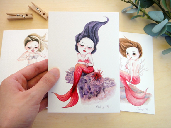 甜美人魚 水彩插畫明信片 套組 萬用卡 藝術畫卡 共3款 第2張的照片