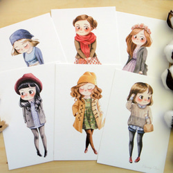 冬季女孩 水彩插畫明信片 套組 萬用卡 藝術畫卡 共6款 第1張的照片