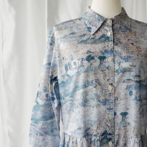 リバティ 前開きワンピース 長袖 ＜ストーリーアイランド ブルー  