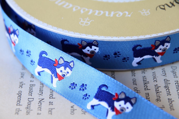 ★50ｃｍ単位「ハスキー犬柄」刺繍リボン　usa-k56　幅22ｍｍ 3枚目の画像
