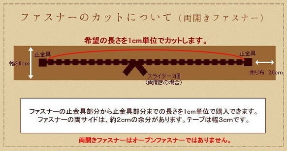 両開きファスナー　36ｃｍ〜45ｃｍまでの間から1ｃｍ単位で好きな長さでカット　カラーもスライダーも選べる 4枚目の画像