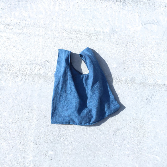 コットンリネンのショッピングバッグ【Sサイズ】◆とても小さい巾着付き◆ブルー 2枚目の画像